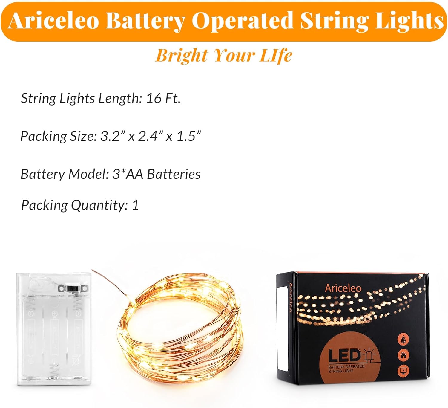 Ariceleo LED Fairy Lights - Battery Operated Mini Copper Wire String Lights | 5m/16ft Warm White for Bedroom, Weddings & Parties