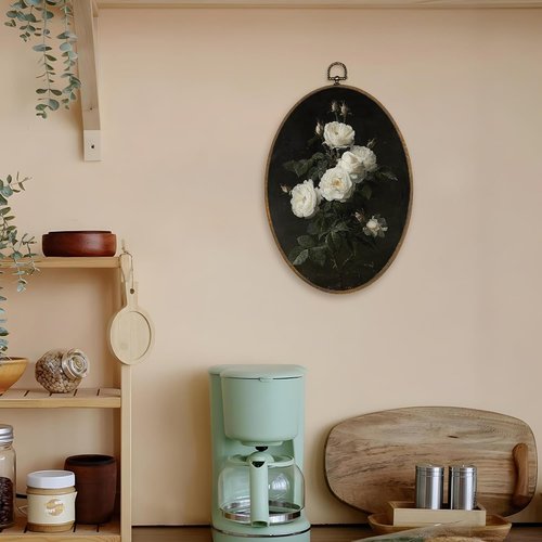 LKETW Vintage White Floral Oval Wall Art - Dark Cottagecore Canvas Decor for Home | 8.6x11.4 Inch