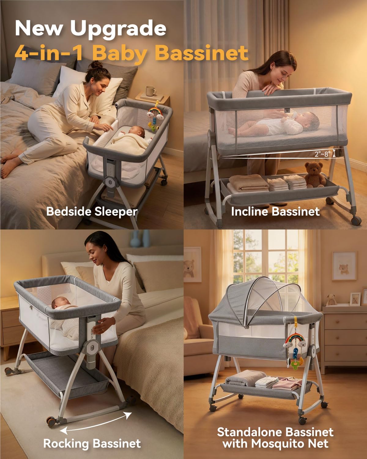 Madewell Living 4-in-1 Baby Bassinets Bedside Sleeper, Bedside Bassinet with Wheels, 6-Height Adjustable Bassinet with Soft Mattress, Mosquito Net, Soothing Toy for Newborns & Infants(Grey)