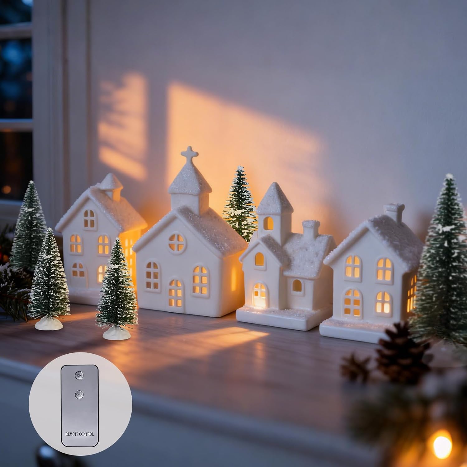 Regine Switzerland Christmas Village Set - 9 Pcs Lighted Ceramic Houses & Trees | Winter White Decor