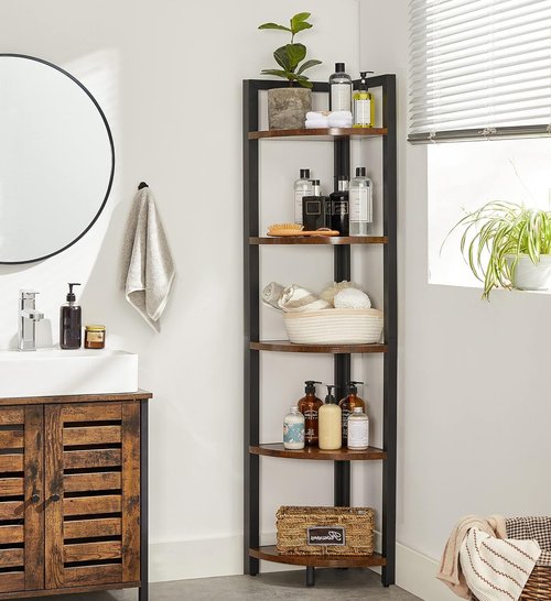 VASAGLE Corner Shelf, 5 Tier Bookshelf, Tall Corner Storage Shelves, Plant Stand for Living Room, Bedroom, Bathroom, Home Office, Rustic Brown and Black ULLS803B01