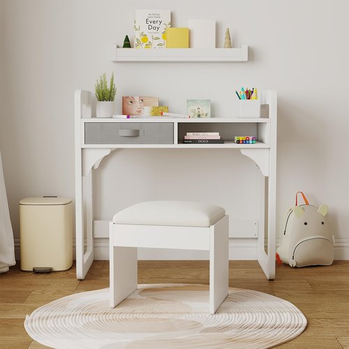 Garvee Kids Desk and Chair Set, Study Desk for Boys and Girl, Wooden Kids Writing Table with Cloth Drawers and Pen Holder, White