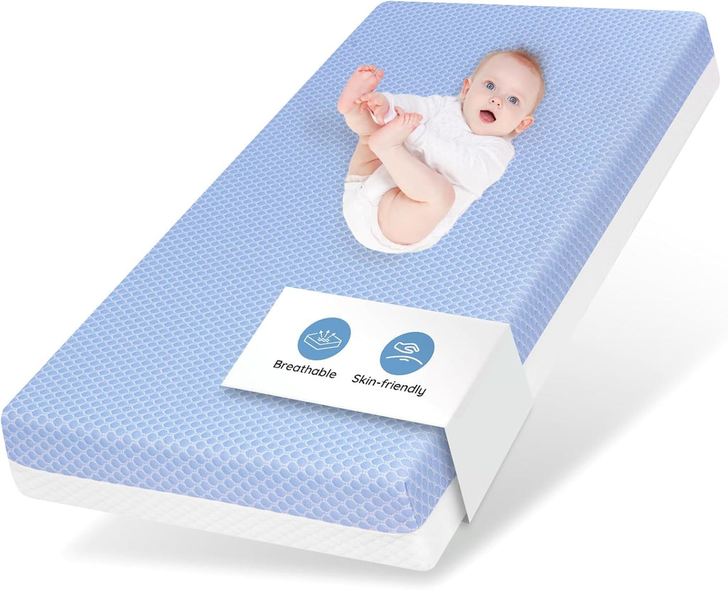 Skiennix Crib Mattress - Dual-Sided Memory Foam for Baby & Toddler | Soft, Breathable, 52" x 27.6" x 5.5", Machine Washable Cover, White & Blue