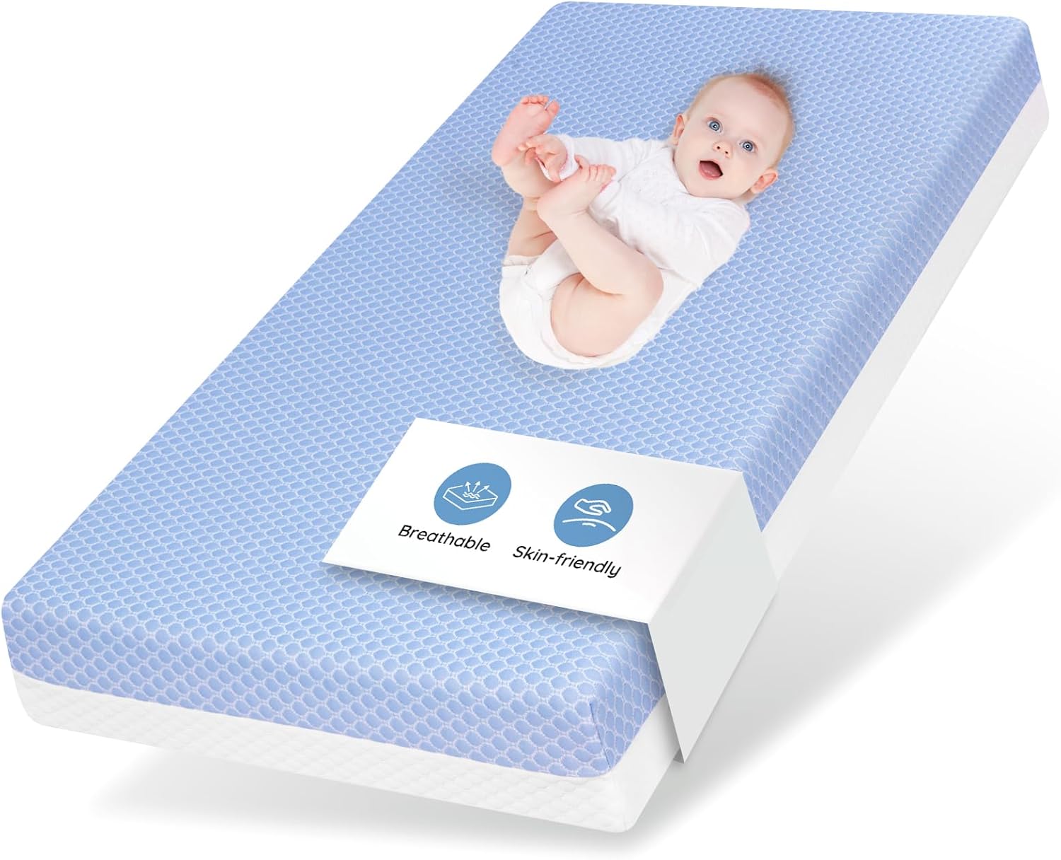 Skiennix Crib Mattress - Dual-Sided Memory Foam for Baby & Toddler | Soft, Breathable, 52" x 27.6" x 5.5", Machine Washable Cover, White & Blue