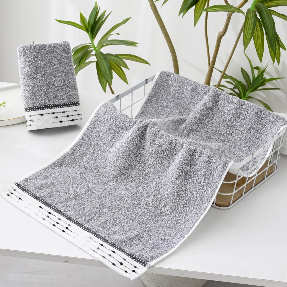 YiLUOMO Grey Hand Towels Tiny Furball Decorative Design Super Soft 100% Terry Cotton Highly Absorbent Bathroom Hand Towel for Home, Hotel, Spa, Pool, Gym 13 x 29 Inch, 2 Pack
