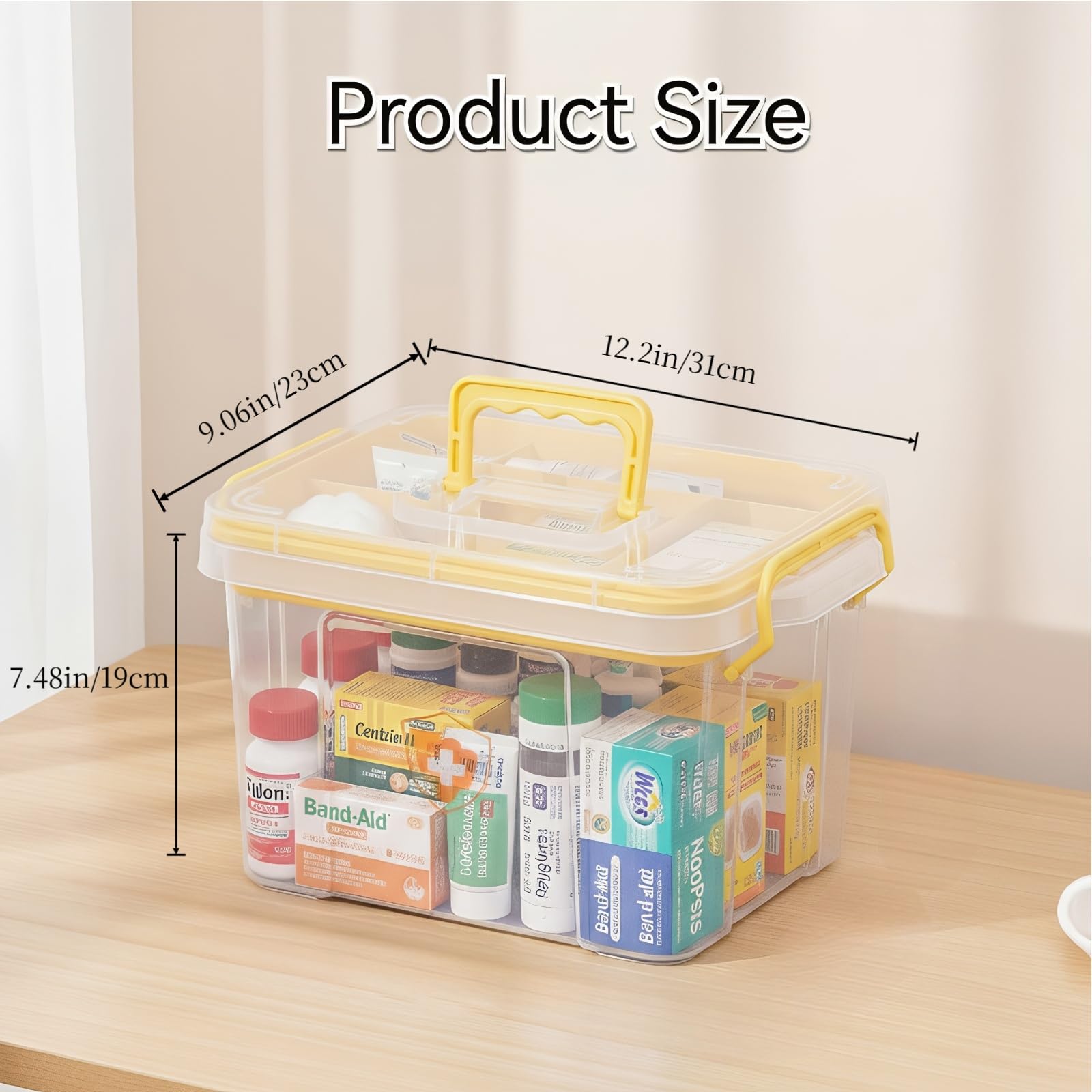 Pulseplay Clear Medicine Storage Box with Handle Portable Medicine Cabinet Organizer Multipurpose Plastic Storage Box with Removeable Tray for Home Office Travel Outdoor (Yellow)