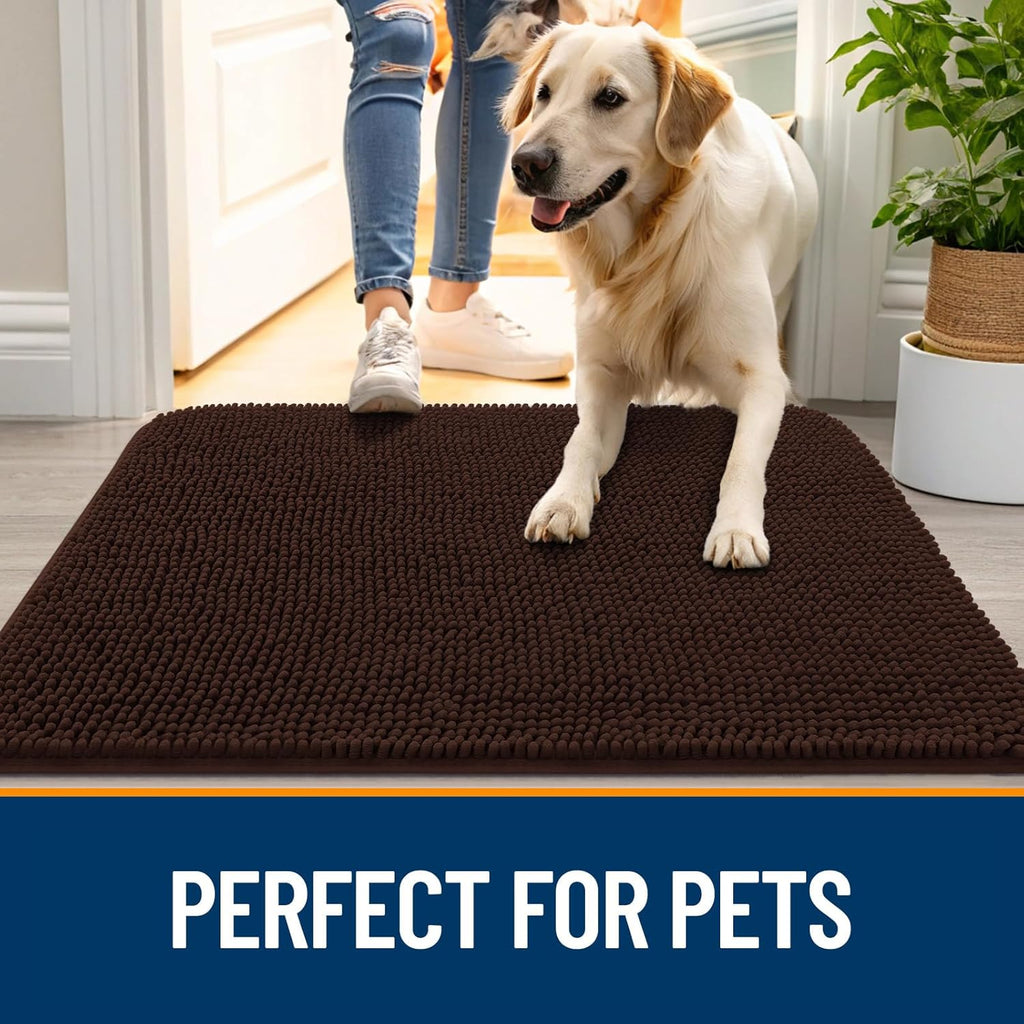 OLANLY Dog Door Mat - Absorbent Non-Slip Chenille Mat for Muddy Paws | 54x24 Inches, Quick Dry, Brown