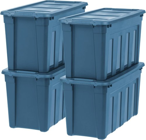 IRIS USA 31 Gallon Heavy Duty Storage Totes - Eco-Friendly, Easy-Grip Handles, 4 Pack | Durable Navy Bins with Lids