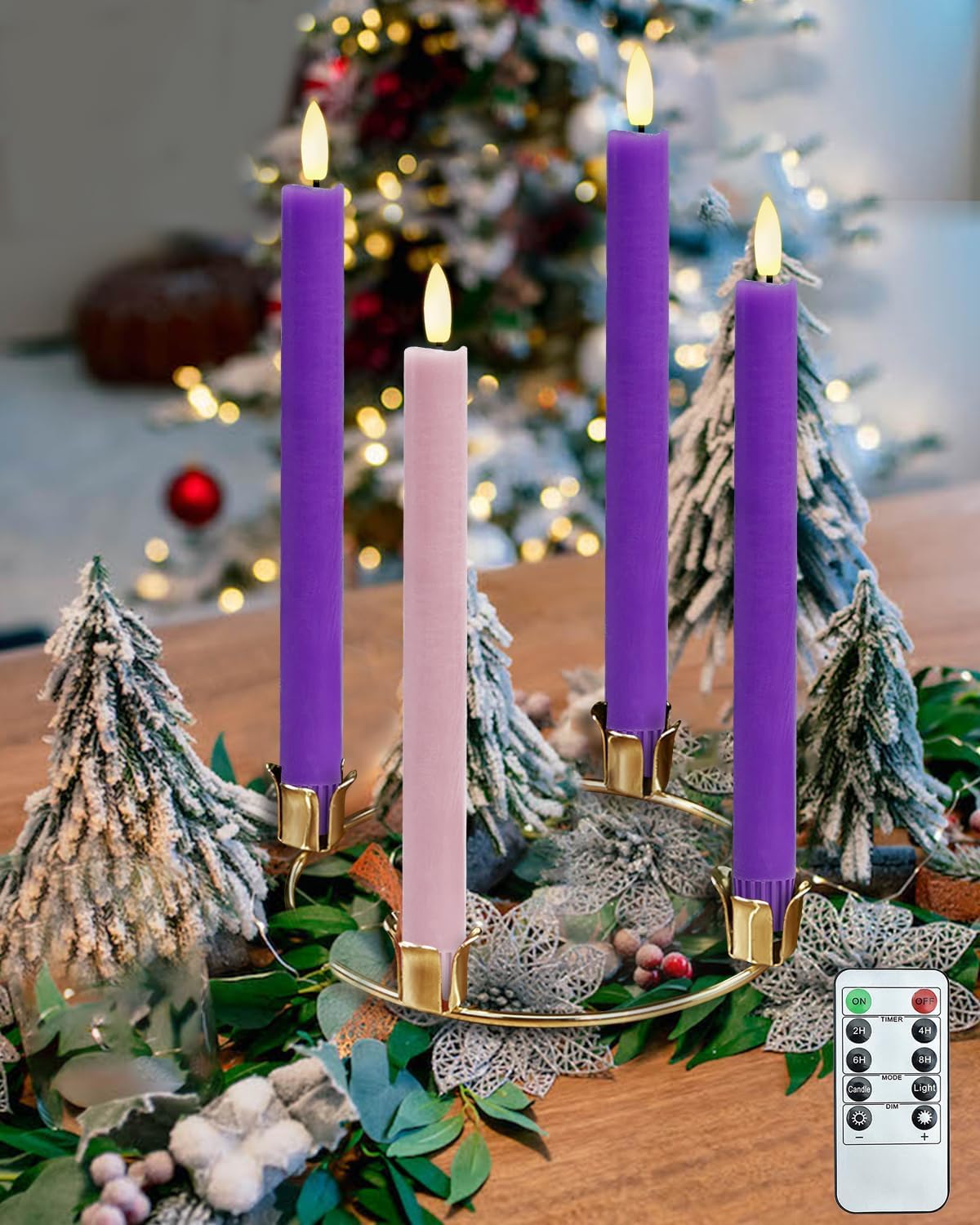 SHYMERY Flameless LED Taper Candles - Real Wax, Battery Operated, Remote Timer | Set of 4 Purple & Pink