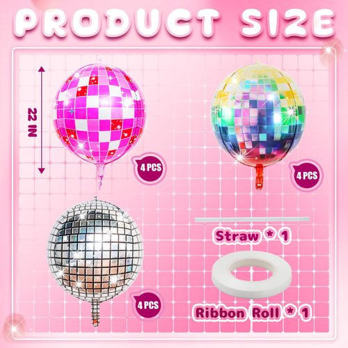 12PCS 22" Disco Balloons 4D Round Pink Silver Balloon for Bachelorette Birthday Parties 70s 80s 90s Theme Disco Ball Party Decorations.(4D)