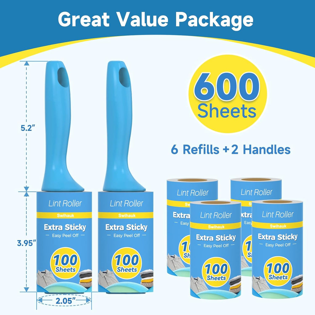 Swihauk Lint Rollers - 600 Sheets Extra Sticky Pet Hair Remover with Ergonomic Handle | Ideal for Clothes, Furniture & Car Seats