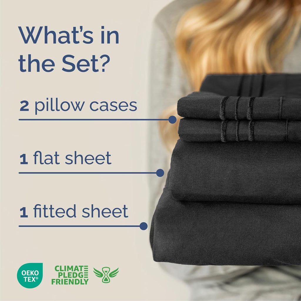Skiennix Queen Size 4-Piece Sheet Set - Ultra-Soft Cooling Bedding - Deep Pockets, Wrinkle-Free - Black