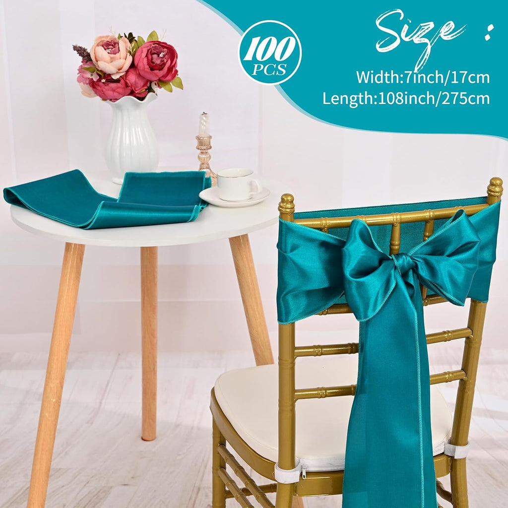 Skiennix 100 PCS Satin Chair Sashes - Turquoise Decorative Bow Ties for Weddings & Events | 7 x 108 Inch