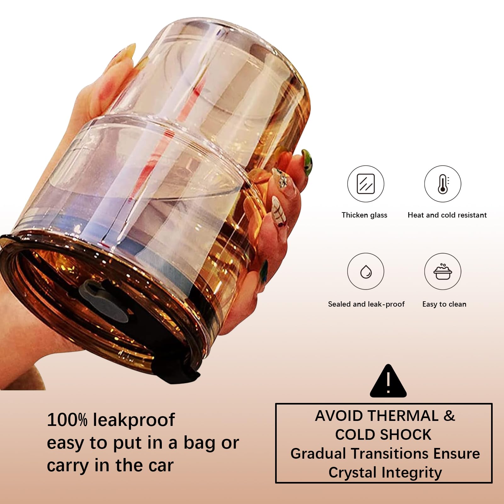BLUEPOLAR 13oz/400ml Tumbler Water Glass, Cups with Straw and Lid Sealed Carry on for Coffee, Iced Tea, Thick Wall Insulated Glass Cup (Amberwith Protect Sleeve)