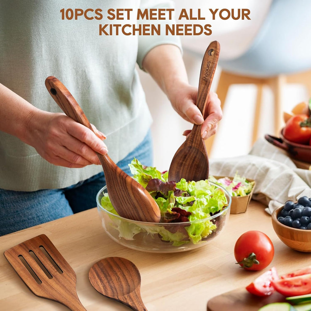 Skiennix Wooden Spoons Set - 10PCS Teak Cookware Utensils with Hooks | Smooth Finish & Heat Resistant