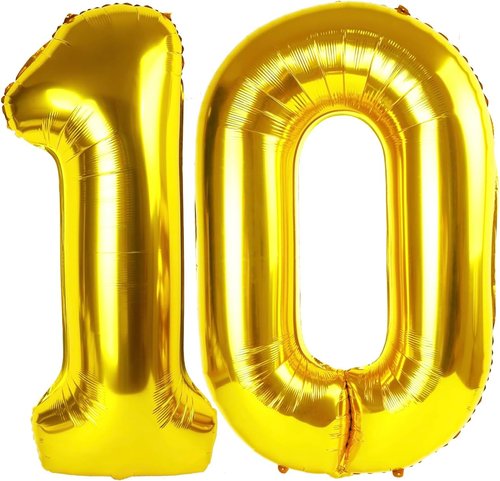 Gold Number 10 Balloon - 40 Inch Golden Birthday Decoration for 10th Year Celebration