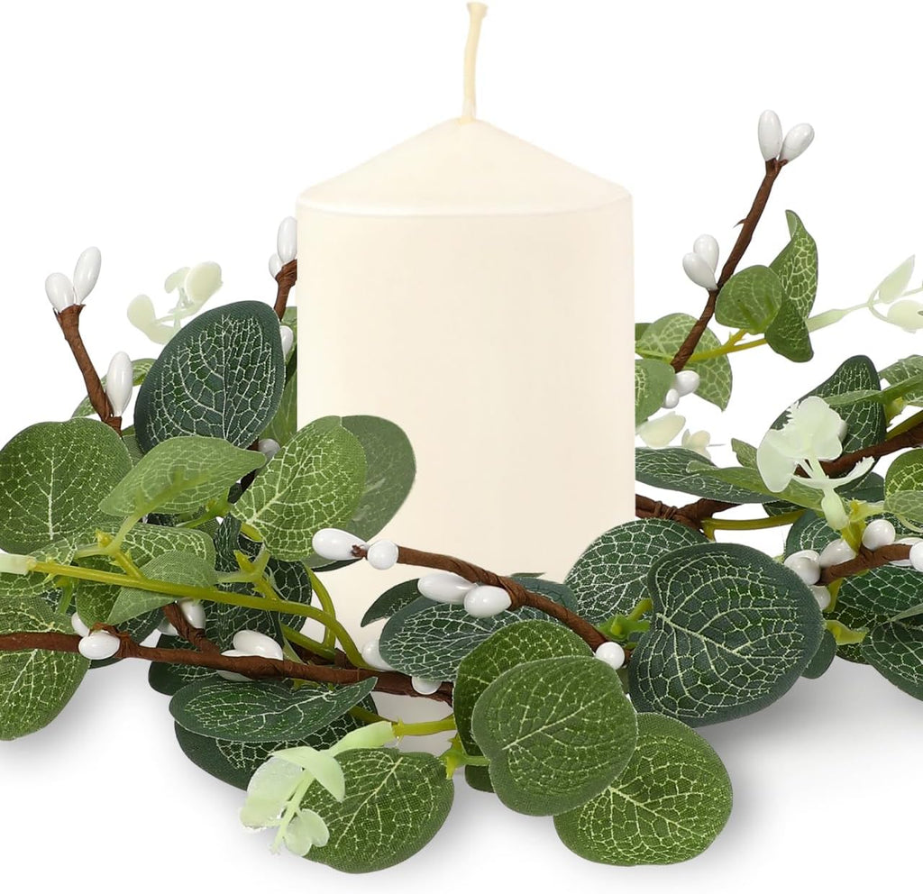 Zerodeko Easter Candle Ring Set - Eucalyptus Leaves Wreath Pillar Holders | Mini Green Decor, 8cm