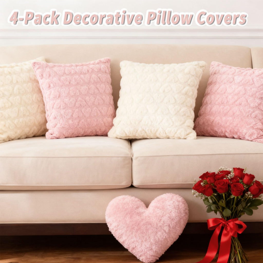 Valentines Day Throw Pillow Covers 18×18 Set of 4 – Heart Pattern Decorative Cushion Case, Soft Plush Textured Accent Pillow Covers for Living Room Sofa Bed Couch Bedroom Home Decor, Pink and White
