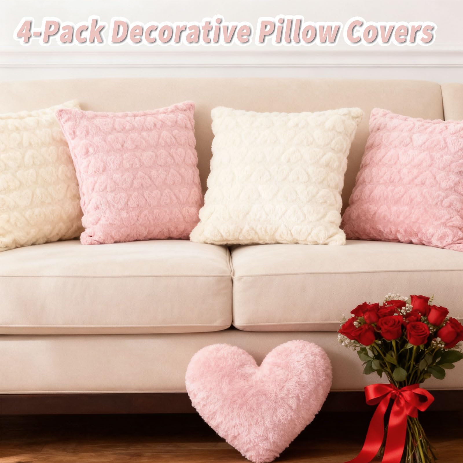 Valentines Day Throw Pillow Covers 18×18 Set of 4 – Heart Pattern Decorative Cushion Case, Soft Plush Textured Accent Pillow Covers for Living Room Sofa Bed Couch Bedroom Home Decor, Pink and White