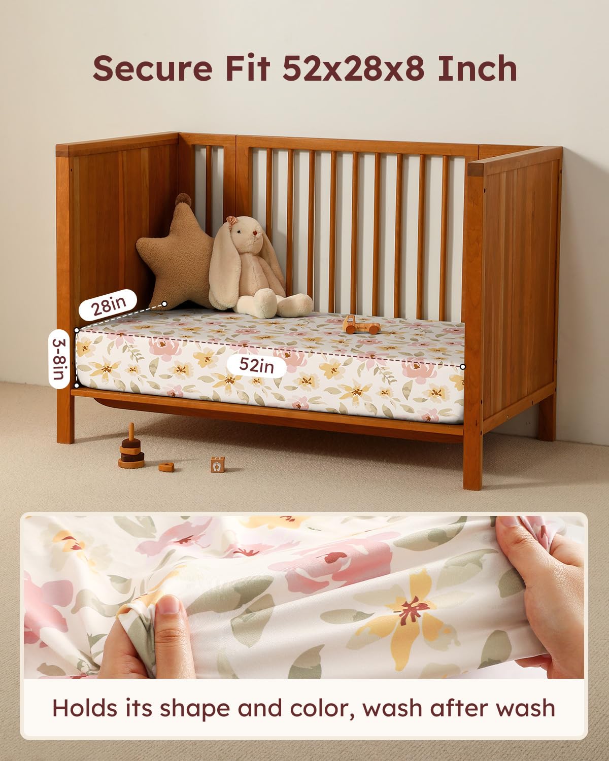 Unnivoll Baby Crib Sheets | Soft Microfiber Fitted Sheets for Standard Crib & Toddler Mattress - 3 Pack, Pink Flowers & Leaf, 28x52x8in