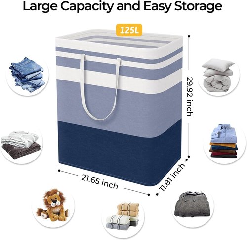 HomeHacks Large Laundry Basket - Waterproof & Collapsible Hamper with Extended Handles | 125L, Blue