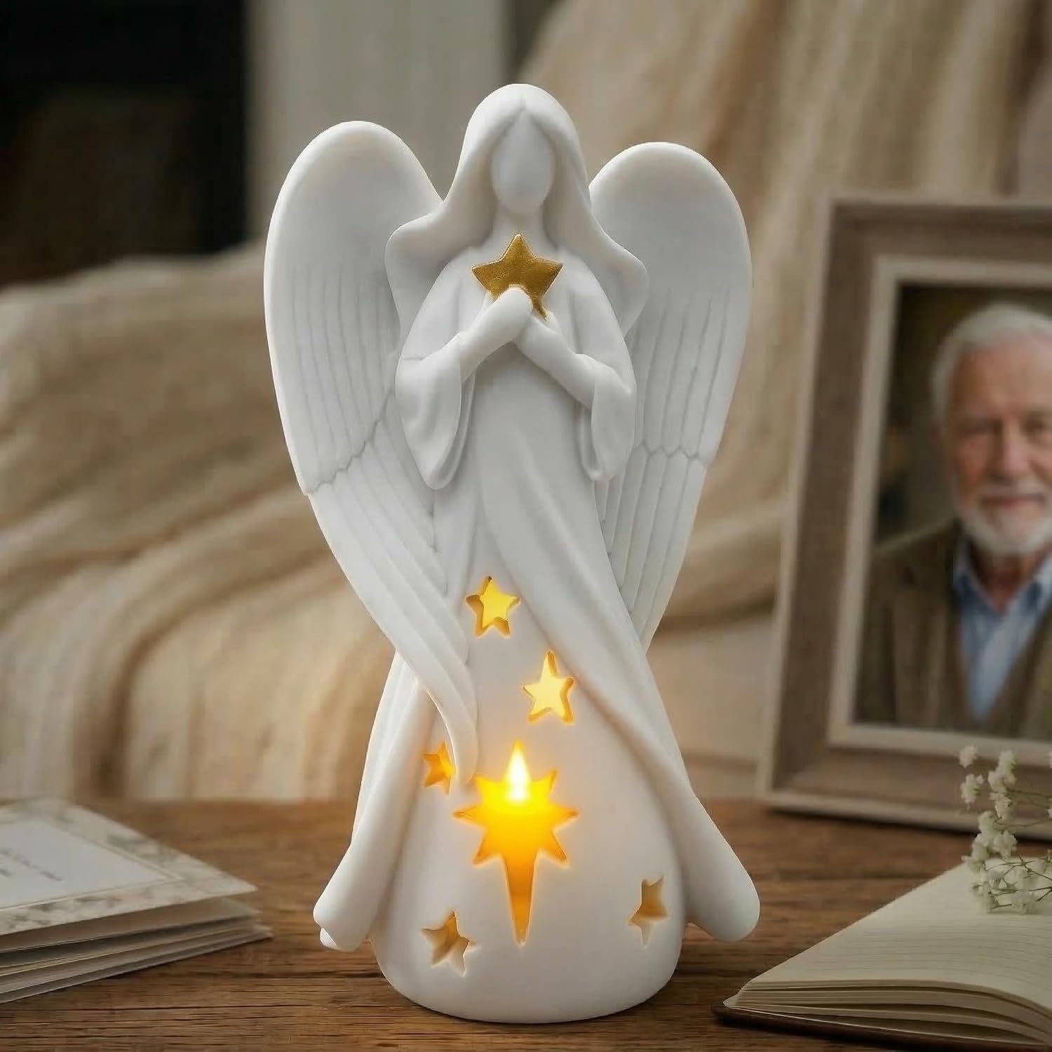 OakiWay Star Angel Tealight Candle Holder - Flickering LED Candle for Memorial & Remembrance Decor