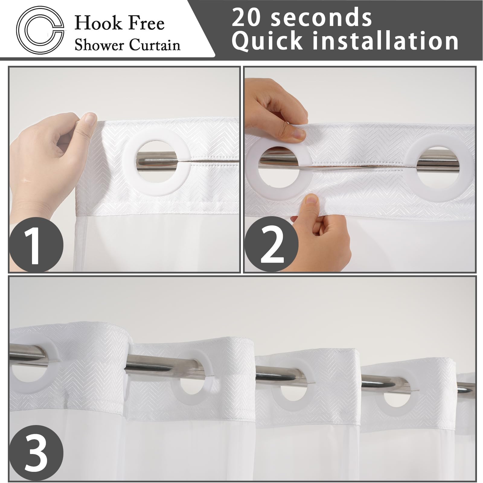 SSCRCUSLY No Hook Shower Curtain with Snap in Fabric Liner Set, White Chevron Hotel Style Bathroom Curtain, Washable and Water Repellent, 71x74 Inches