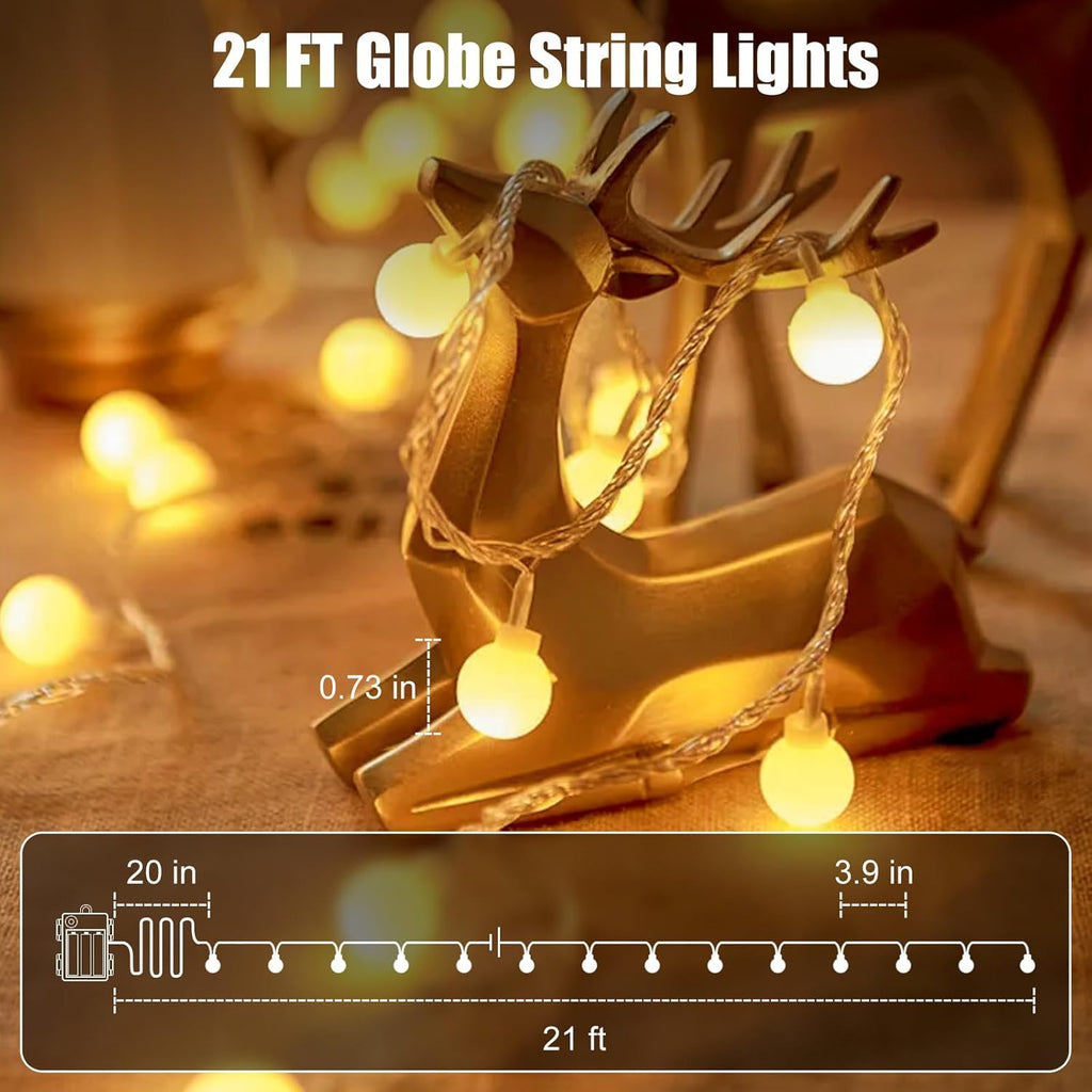 Minetom 21FT Battery Operated String Lights - 60 LED Waterproof Globe Fairy Lights with Remote | Warm White for Indoor & Outdoor Decor