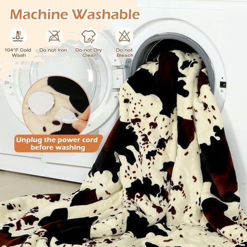 Cow Print Heated Blanket, 90"x100" Electric Blanket King Size Dual Control, Cozy Soft Flannel Sherpa Heating Blankets with 9 Heat Levels & 2/4/8/12H Auto-Off