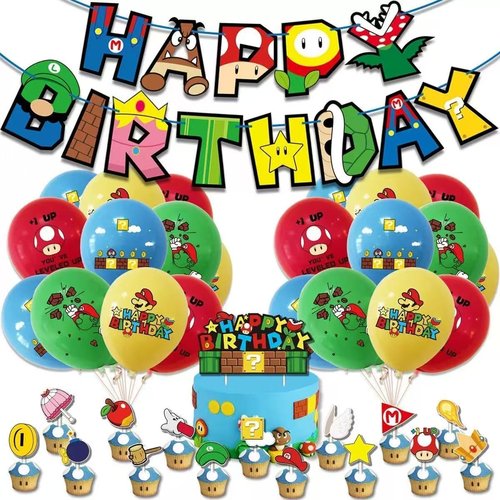 FOR Mario Birthday Party Supplies, Party Decorations Set Include Banner, Balloons, Hanging Swirls, Cake Cupcake Toppers, Tablecloth for Boys Girls Mario Theme Party