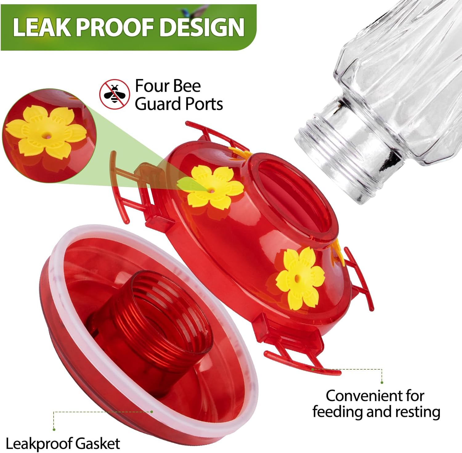 BOLITE Glass Hummingbird Feeder - 15 Ounce Leak-Proof Design with 4 Bee Guards | Red Stars Decor, 2 Pack