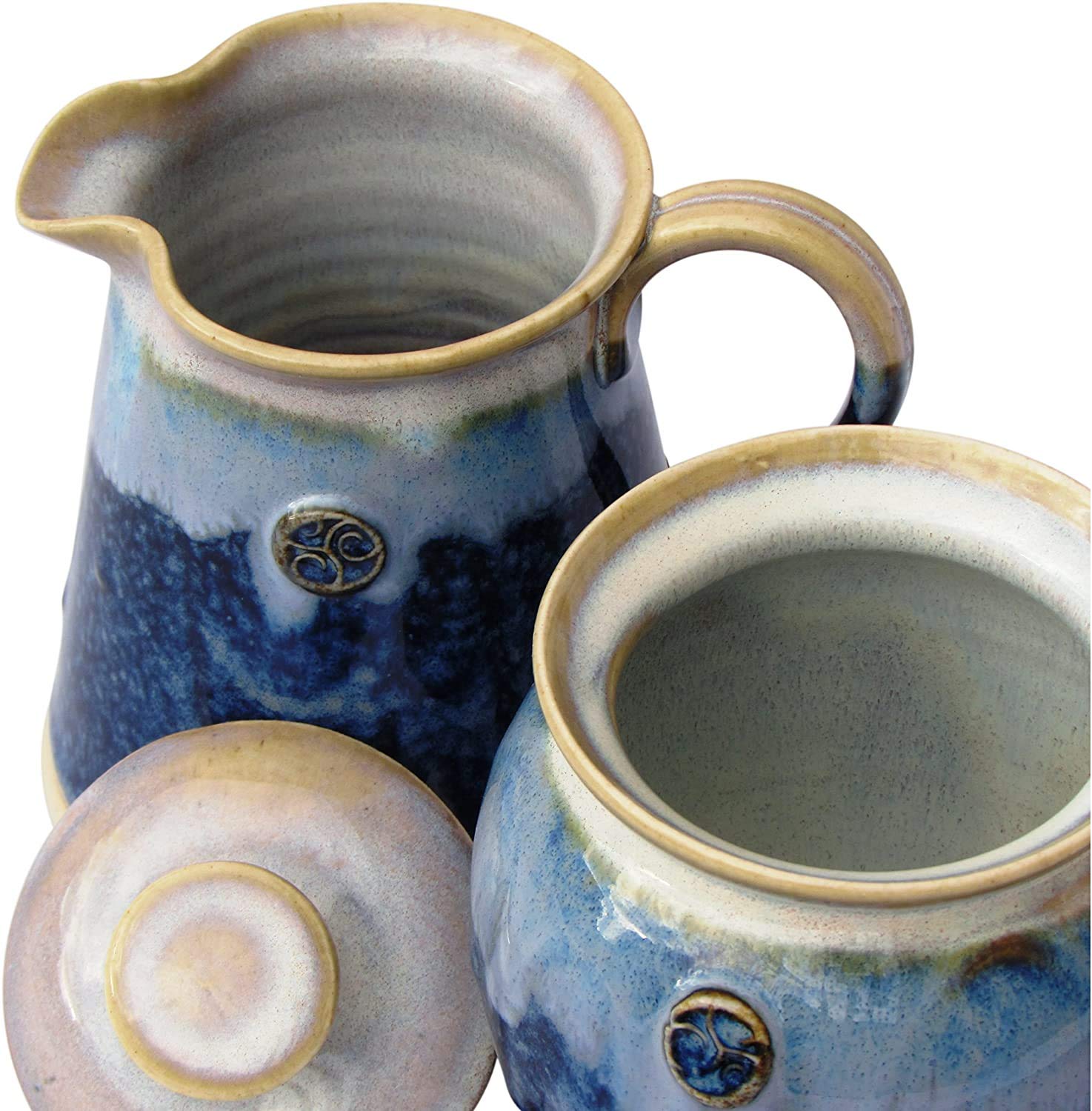 Castle Arch Pottery Ireland Irish Pottery Sugar and Creamer Set in Green 10oz Hand-Thrown & Glazed, Blue Celtic Spiral Motif - Handcrafted In Ireland - Lead & Cadmium Free, Irish Gifts Men & Women