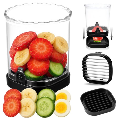 Hendiy Strawberry Slicer with Stainless Blades | Egg & Fruit Slicer Cup for Banana, Cucumber, Mushroom | ABS Detachable Kitchen Gadget - Precision Berry Cutter Tool (Black, 1-Pack)
