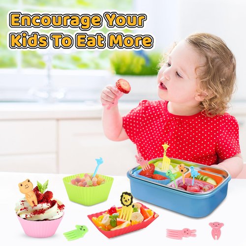 Axlksia 80 Pcs Silicone Lunch Box Dividers Set, Reusable Cupcake Liners for Baking, Colorful Lunch Bento Box Accessories with Cute Animal Food Picks (20 Cupcake Liners + 60 Animal Picks)