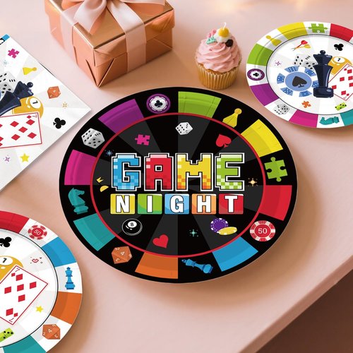 205Pcs Game Night Decorations Tableware, with Cake Toppers, 25 Serves Disposable Tableware Set, with Banner, Plates, Napkins, and Cups, Tablecloth for Family Game Night Party Decorations