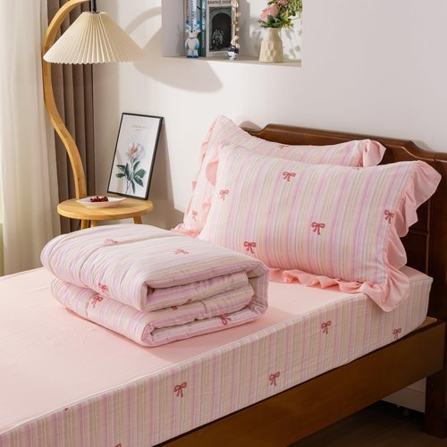 A Nice Night Zipper Bedding Pink Bow Printed on Colorful Rainbow Background Zippered Kids Comforter Set,Seersucker Chic Style Ultra Soft,Twin