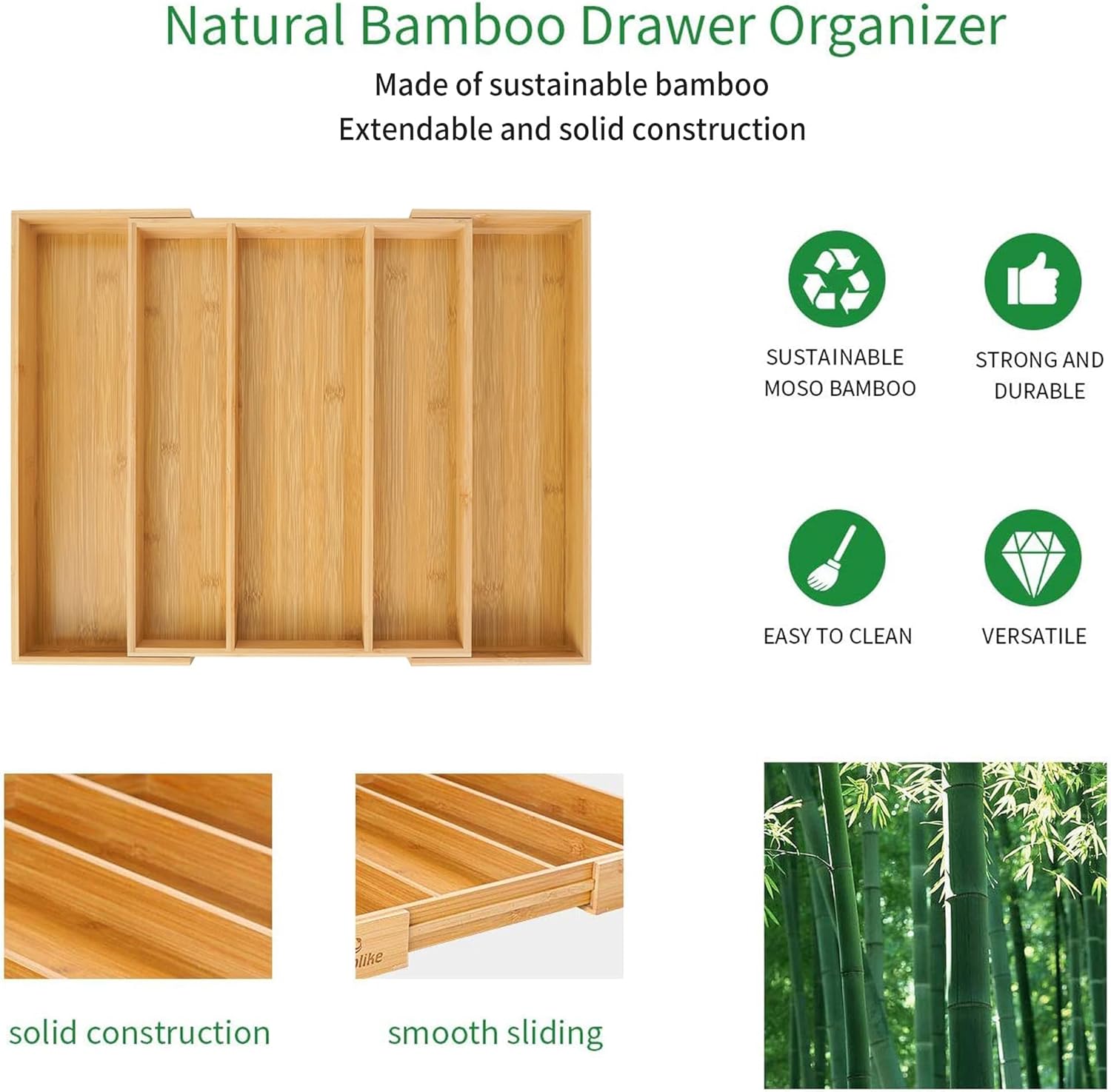 Utoplike Bamboo Drawer Organizer - Adjustable Utensil Holder & Cutlery Tray | 5 Slot for Kitchen & Home