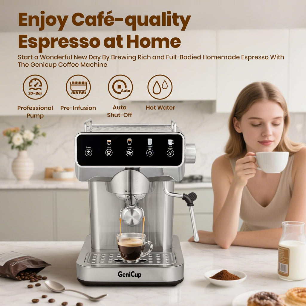 GeniCup Expresso Coffee Machines with Touchscreen 20 Bar Professional Espresso Maker with Milk Frother & Hot Water, Stainless Steel Coffee Maker for Latte Americano, Cappuccino Machine for Home Office