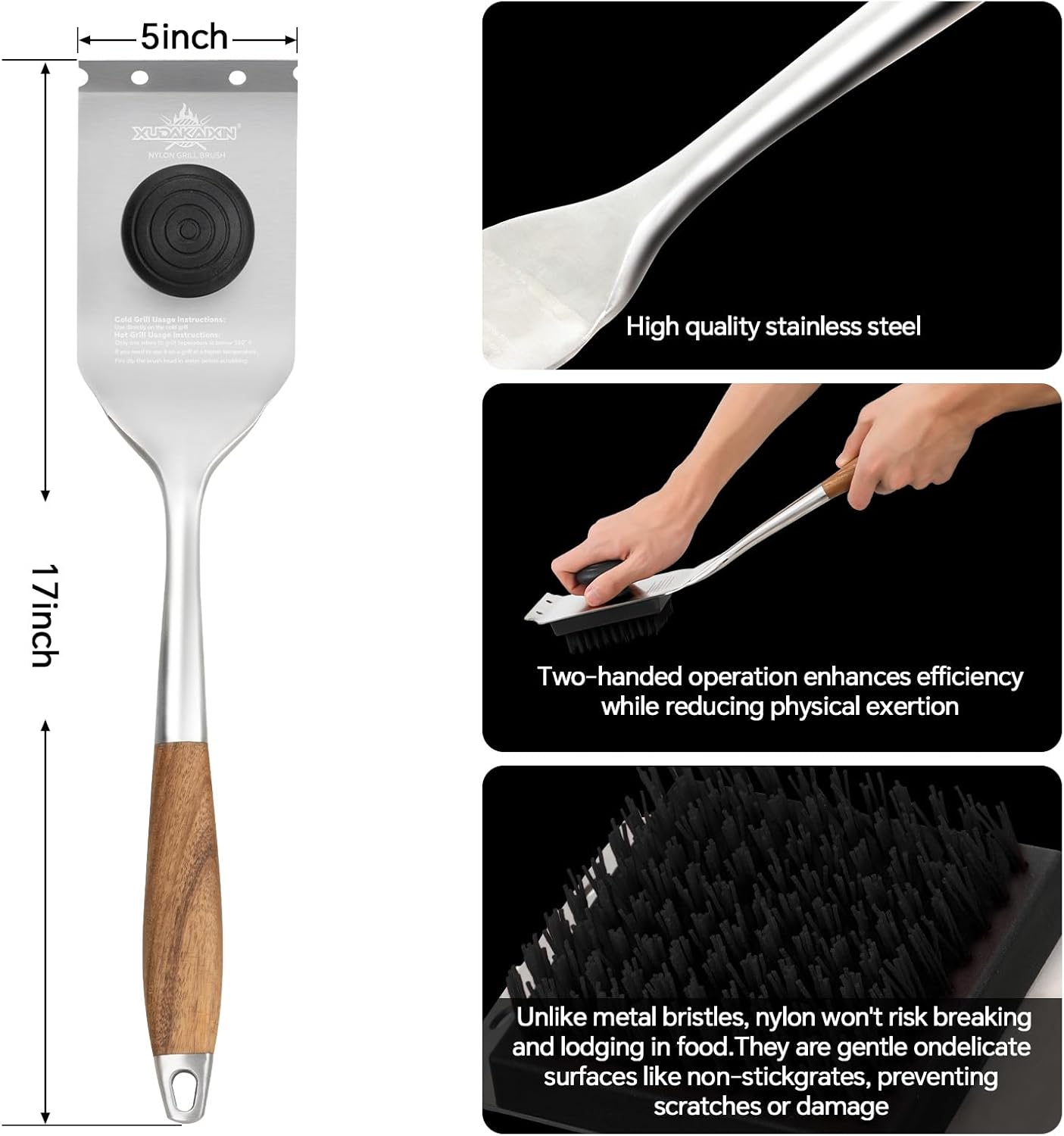 XUDAKAIXIN Nylon Grill Brush - Dual Grip Design with Luxurious Acacia Wood Handle | Safe for Barbecue Grates (Black)