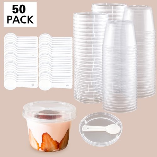 Nefocar 50 Pack 8oz Clear Plastic Pudding/Jello Cups with Lids,Plastic Dessert Cups with Lids and Spoons,Mini Round Yogurt Parfait/Appetizer Cups with Spoons for Milkshake/Fruit/Ice Cream for Party
