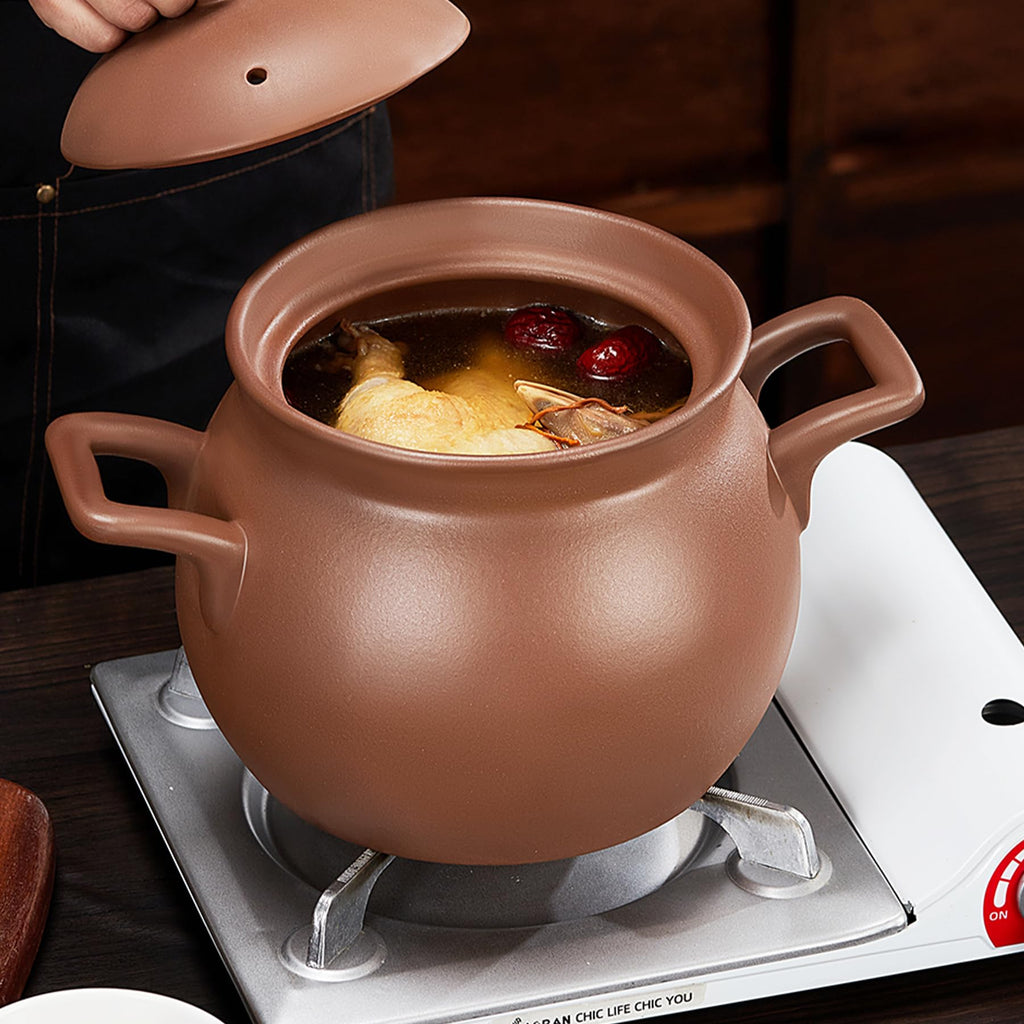Red Zisha Unglazed Earthen Cookware Stock Pot, Natural Terracotta Pan Ceramic Casserole Dish, Clay Pot with Lid for Cooking Rice, Hot Pot, Dolsot Bibimbap and Soup (5.28QT(5L))