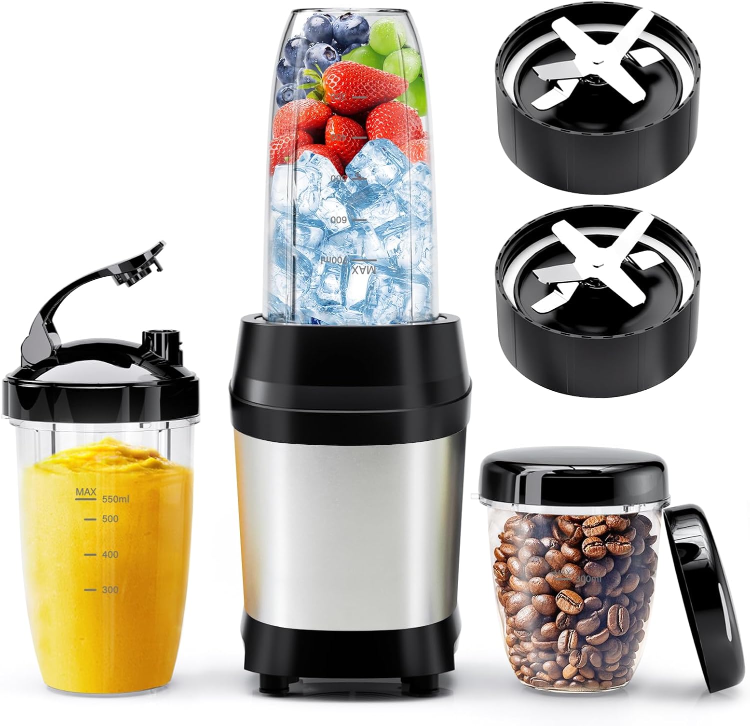 Nahida Blender - 1200W Smoothie Blender for Ice Crushing | Personal Blenders with 2 Six-Fin Blades & Easy Go Cups (23oz, 32oz, 37oz) - Silver