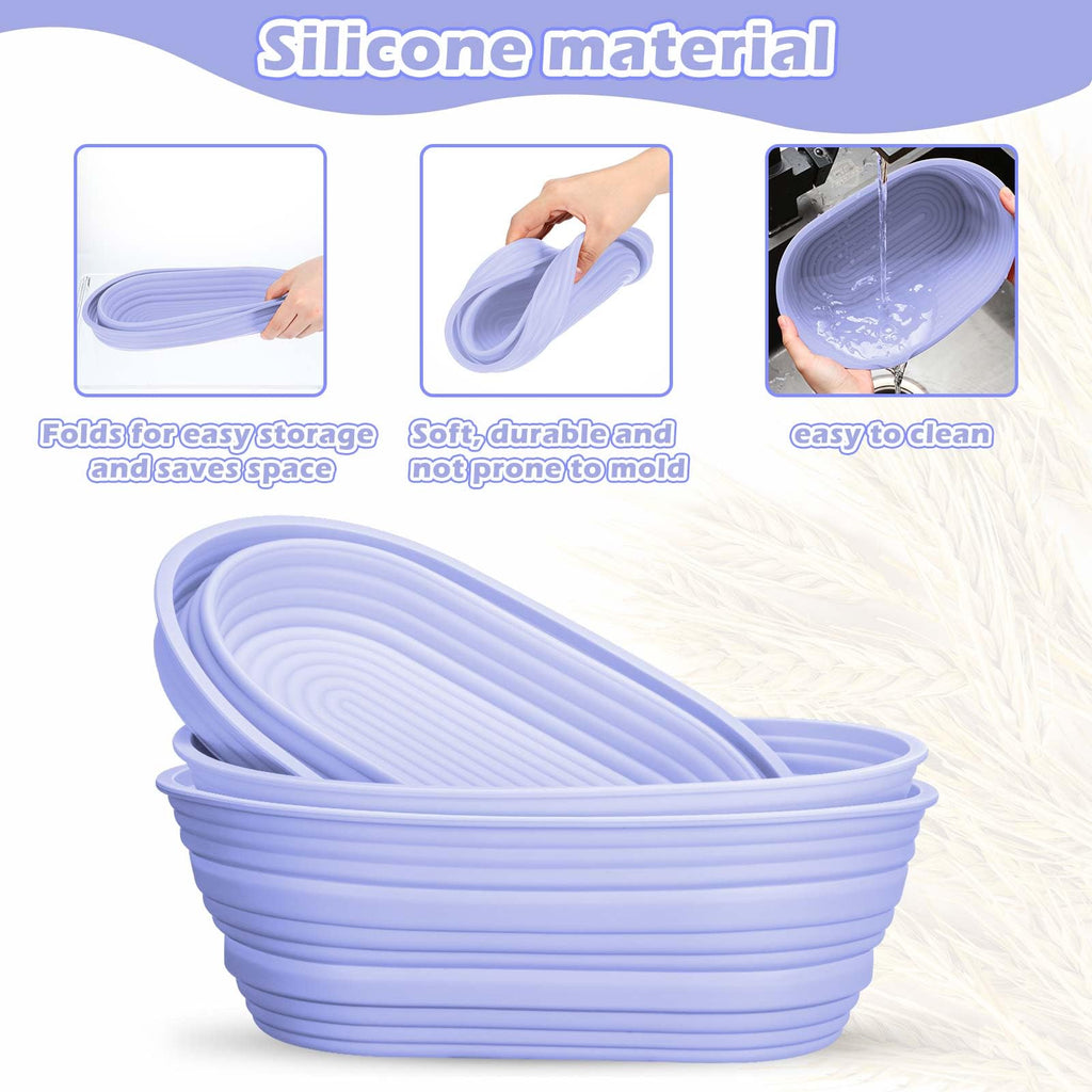 Nuogo 9 Pack Oval Bread Proofing Basket Silicone 10 Inch Collapsible Sourdough Bread Baking Supplies Dough Proofing Bowl with Dough Scraper and Basket Covers (Purple)