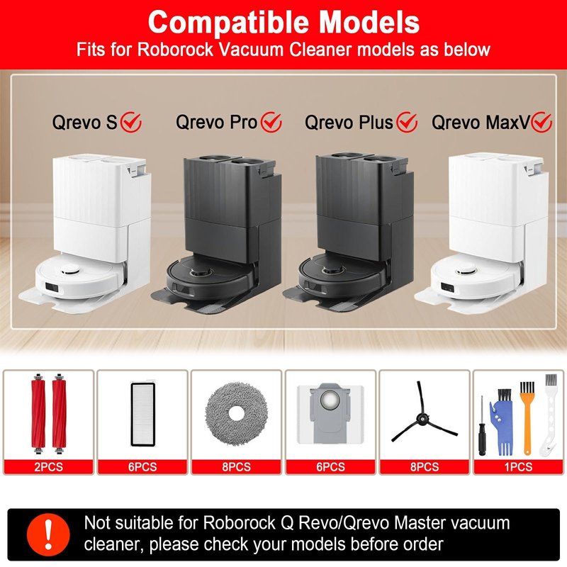34 PCS Accessories Replacement Kit for Roborock Qrevo S/Qrevo Plus/Qrevo Pro/Qrevo MaxV Vacuum Robot,2 Main Brush,8 Mop Pads,8 Side Brushes,6 HEPA Filter,6 Dust Bags,3 Cleaning Brushes,1 Screwdriver