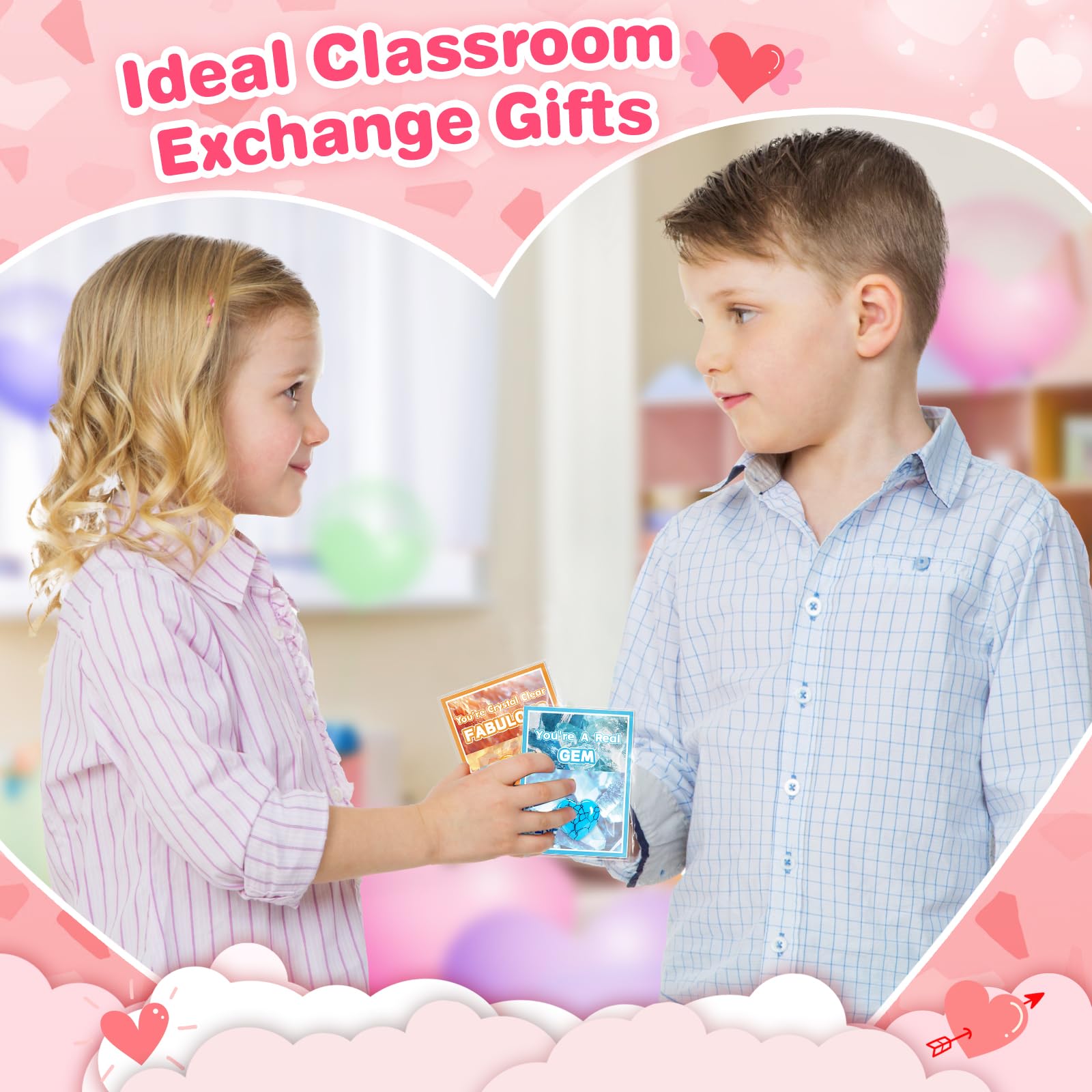Jumlys Valentines Day Gifts for Kids, 24 Packs Valentines Day Cards with Heart-shaped Gemstone for School, Valentine Day Party Favors for Boys Girls, Ideal Exchange Cards for Classroom