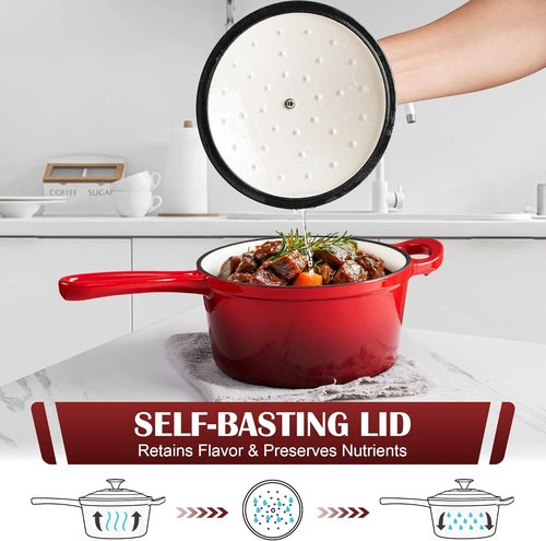 E-far Enameled Cast Iron Sauce Pan Set - 1Qt & 2Qt Heavy Duty Dutch Ovens with Self-Basting Lids | Induction-Ready, Easy Clean, Red