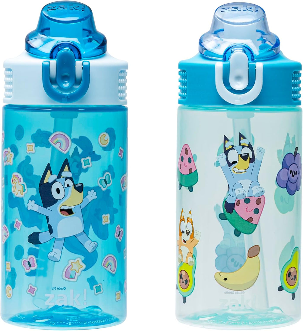 Zak Designs Bluey Sage Kids Water Bottle - 16oz Durable Plastic with Straw & Leak-Proof Cover | 2-Pack Set