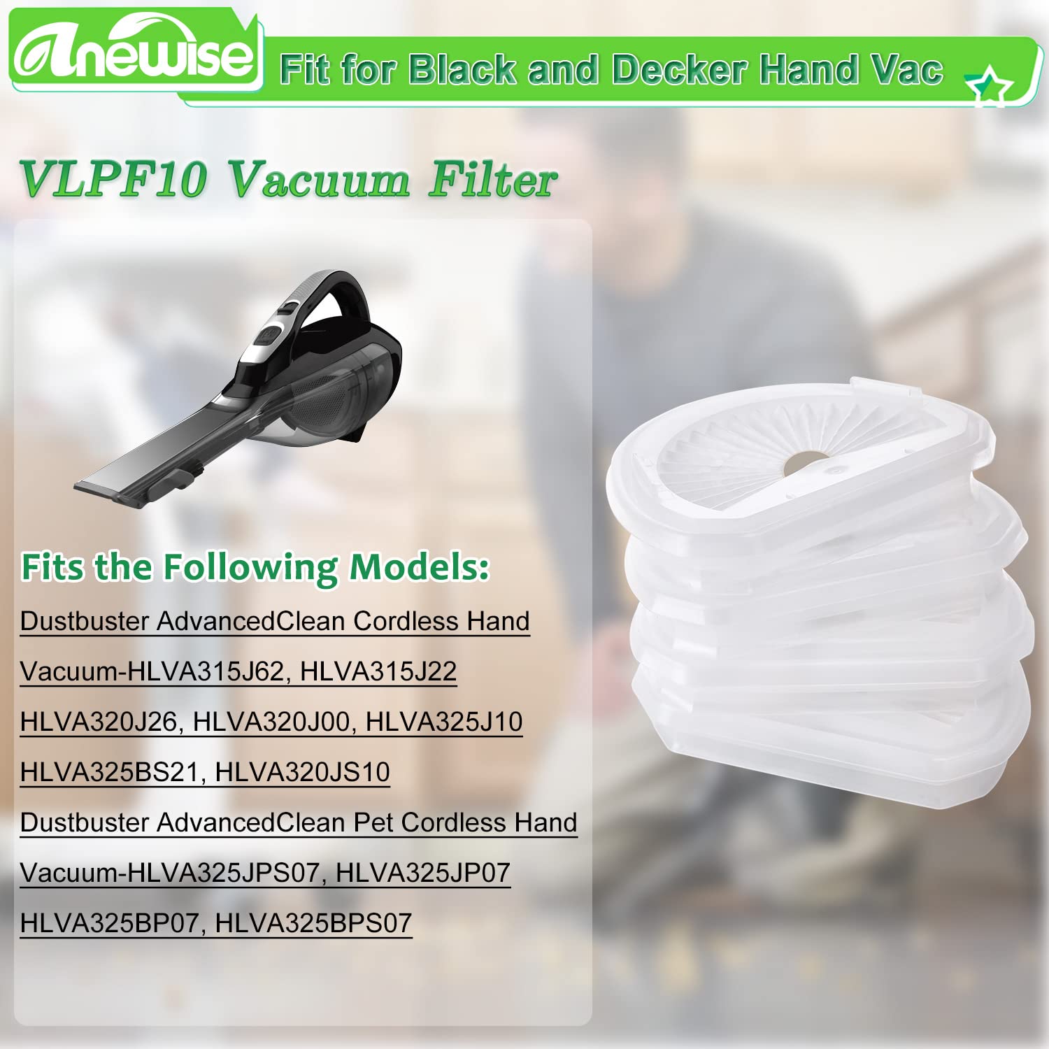 Anewise 4 Pack VLPF10 Replacement Filters Compatible with Black and Decker Hand Vacuum HLVA320J, HLVA315J62, HLVA325JP07, HLVA325BP07, HLVA320J00, HLVA325J10, N575266, Compare to Part #VLPF10