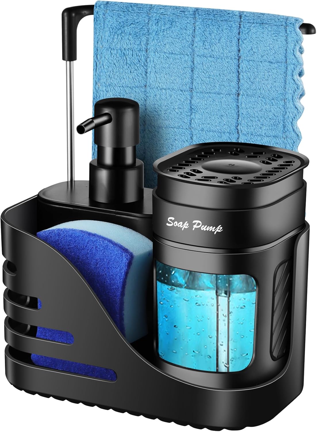 Skiennix Kitchen Soap Dispenser Set - 4-in-1 Dual Soap & Sponge Holder | Black