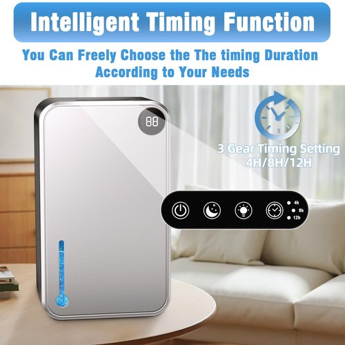 Dehumidifier, Small Dehumidifiers Quiet with Auto Shut Off, Humidity Display Dehumidifier for Bedroom/Bathroom, Timer, Drain Hose, 7-color LED light, Moisture Absorbers (Grey)